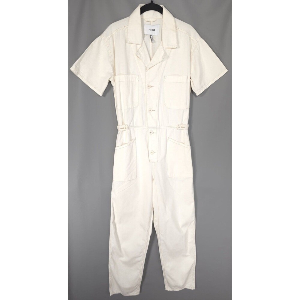 PISTOLA Women's Jumpsuit SMALL Ivory Short Sleeve Button Front P1950SOL-ATW